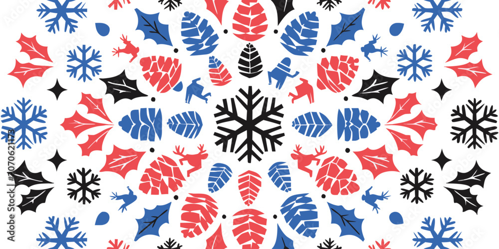 Naklejka premium Geometric christmas mandala with reindeer snowflakes pine cones and holly.