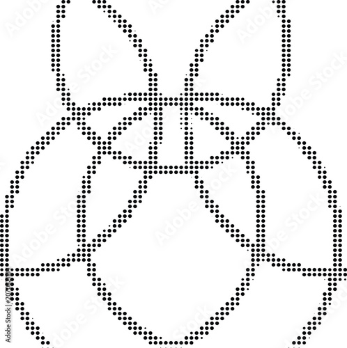 Abstract geometric pattern composed of circular dotted lines forming a symmetrical organic shape on transparent background.