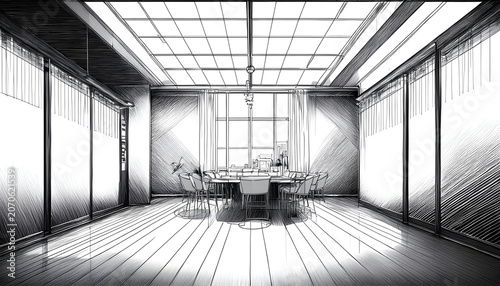 Minimalist sketch perspective interior, Drawing pen with pencil black and white interior.