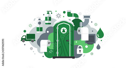 Green Portable Toilet and Sanitation Service Vector Illustration. Infographic with Porta Potty, Toilet Paper, Hand Sanitizer, Plumbing Pipes, and Delivery Truck Icons.