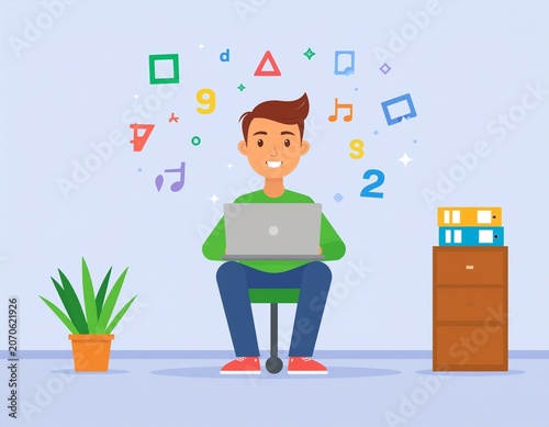 Cartoon illustration of a young man working on a laptop, surrounded by symbols of creativity, education, and digital development, highlighting problem-solving and innovation