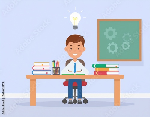 A diligent student sits at a wooden desk with piles of books and a glowing lightbulb idea concept for academic learning and personal development success