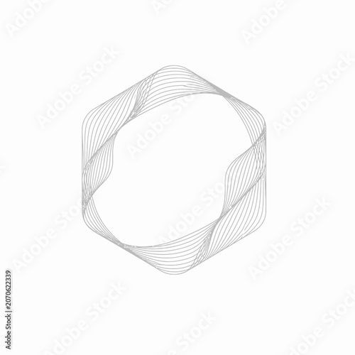 Abstract geometric line art hexagon with flowing curved wireframe patterns on white background.