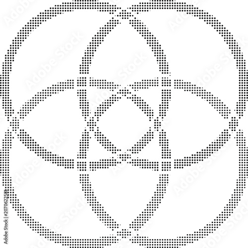 Abstract halftone dot geometric pattern with intersecting circles and symmetrical curves on transparent grid background.