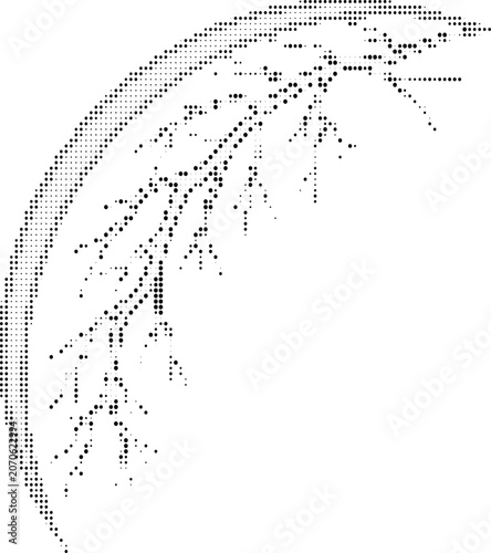 Abstract halftone pattern with radiating dotted lines and flowing organic shapes on a transparent grid, artistic texture.