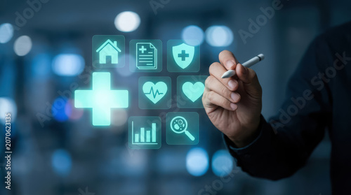 Healthcare professional interacting digital medical icons on a screen a blurred background
