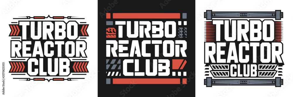 Fototapeta premium Three modern graphic logo designs featuring bold turbo reactor club text