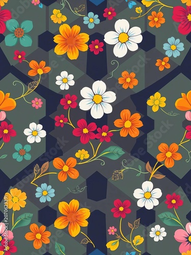Seamless geometric pattern with stylized flowers and vines in vibrant colors, colorful background, seamless pattern