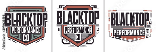 Fotografi Three vintage style shield logos featuring blacktop performance text designs
