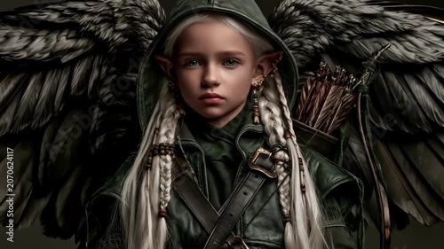 Europe medieval lifestyle. A detailed digital artwork depicts a young girl with pale skin and long, white, braided hair. She wears a green hooded cloak and a leather jacket with a belt and pendant.