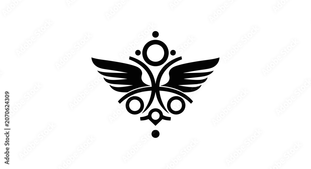 Obraz premium Abstract winged emblem design with circular geometric elements.