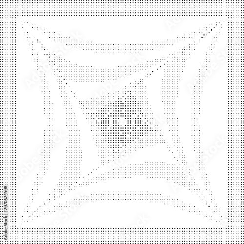 Abstract optical art background with dotted lines creating a square tunnel pattern against a checkered backdrop.