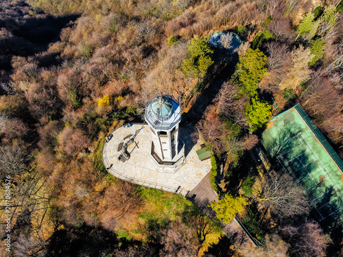 Aerial view of the Volta Lighthouse in Brunate, in a panoramic position above Lake Como.