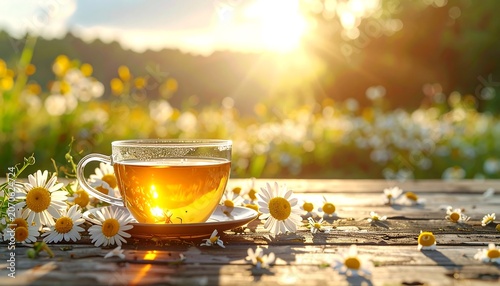 Chamomile tea in garden.
