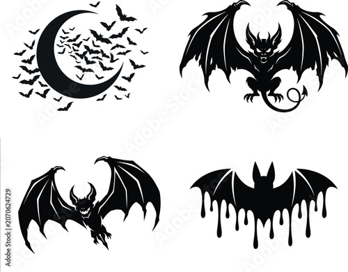 Black bat and dragon vector illustrations with moon and dripping effect