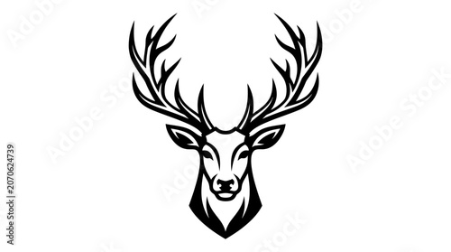 Elegant Deer Head with Large Antlers Vector Design on Isolated White Background