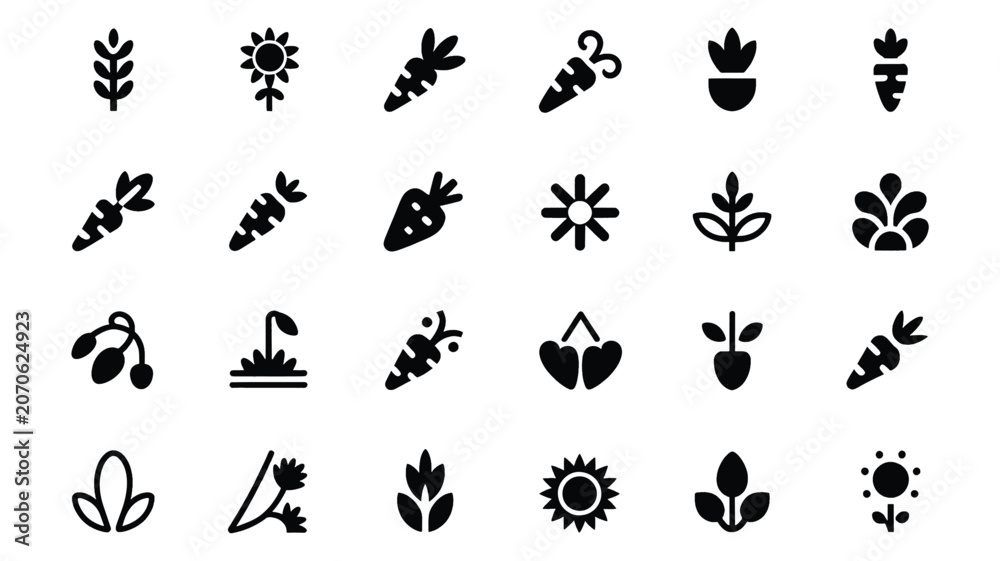 Fototapeta premium Gardening icons depict various plants and tools in a set of black and white illustrations.