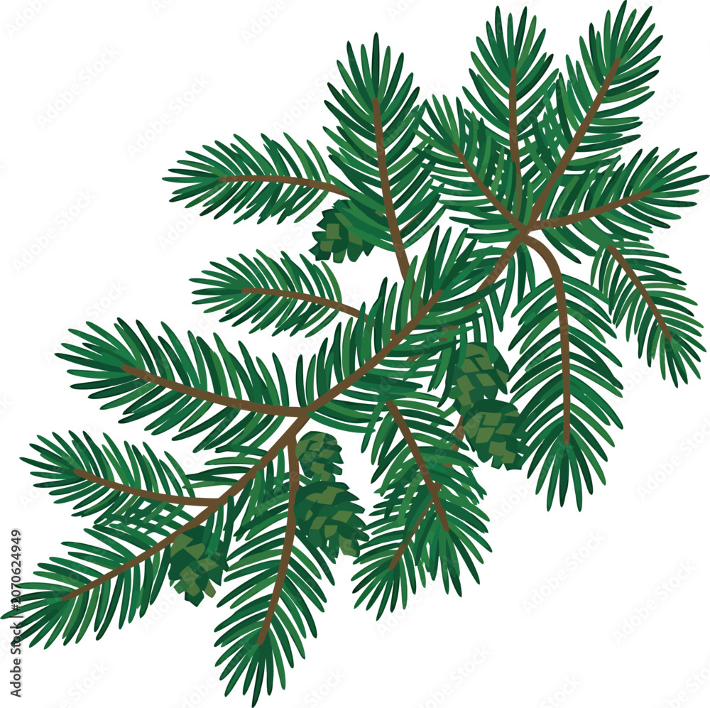 Fototapeta premium Pine tree branch with needles and small cones isolated on transparent background element.