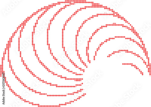 Abstract spiral pattern of small red squares on a transparent checkered background, artistic curved lines.