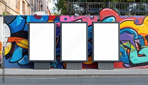 Three blank posters on colorful urban graffiti Wall Street City art background advertising concept for creative promotion street art design bright friendly atmosphere