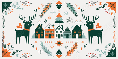 Canvas-taulu Winter holiday town with reindeer and diverse houses, surrounded by festive botanical elements