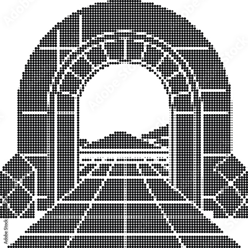 Architectural archway with stone pattern and landscape view seen through a dot-rendered, pixelated aperture.