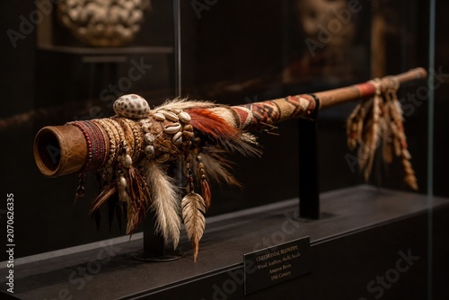 An ornate ceremonial blowpipe displayed in a museum case.