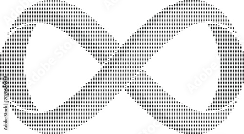 Black and white abstract infinity symbol with halftone dotted pattern on transparent background seamless texture.