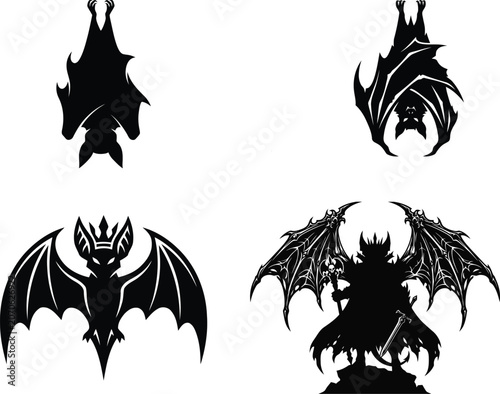 Black bat and vampire silhouettes with wings vector illustration