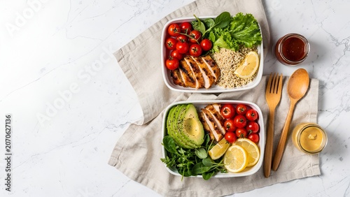 Overhead flat lay of colorful healthy breakfast bowl with fresh fruits and granola