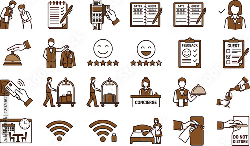 Photos Hotel and Hospitality Service Icon Set with Concierge, Bellboy, Luggage Cart, Ro