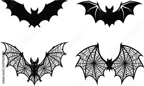Black bat wings with and without spider webs illustration