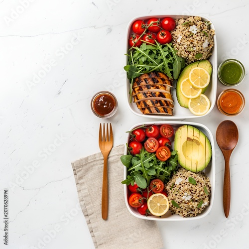 Overhead flat lay of colorful healthy breakfast bowl with fresh fruits and granola