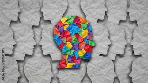 Diverse neurodivergent identity featuring a bright rainbow paper profile among grey textured heads.