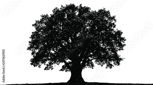 A bold black silhouette of a large deciduous tree with a dense canopy on white ground.