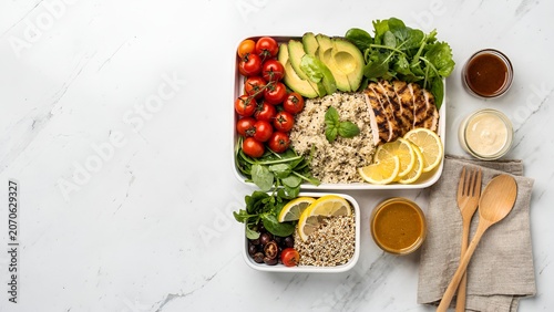 Overhead flat lay of colorful healthy breakfast bowl with fresh fruits and granola