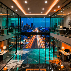 Modern Glass Office Interior With Urban Night Cityscape View and Corporate Workspace Lighting