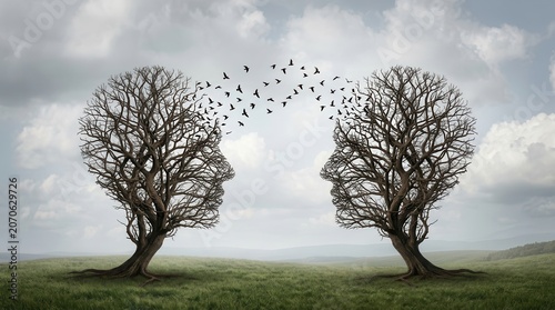 Surreal imagery of two tree-formed human profiles exchanging thoughts via flying birds.