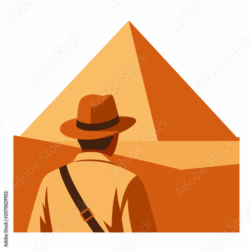 Adventurer in fedora hat looking at ancient Egyptian pyramids in the desert landscape.