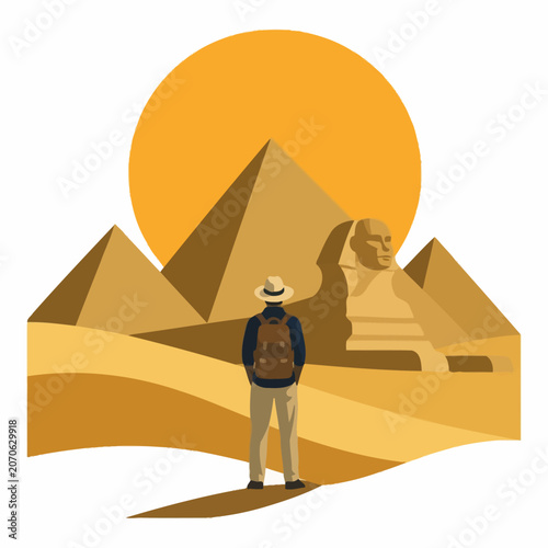 Adventurer Exploring Iconic Egyptian Pyramids and Sphinx Under Bright Sunlight.