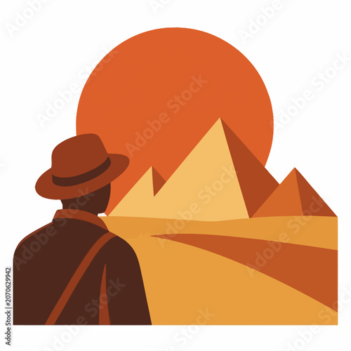 Adventurer in hat looking at Egyptian pyramids during sunset flat vector illustration.