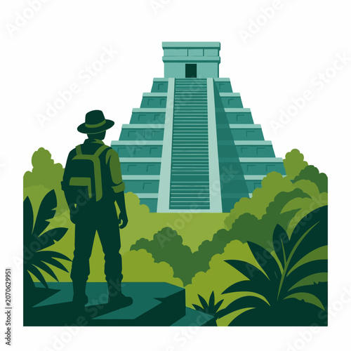 Adventurer looking at ancient Mayan pyramid temple in tropical jungle landscape illustration.