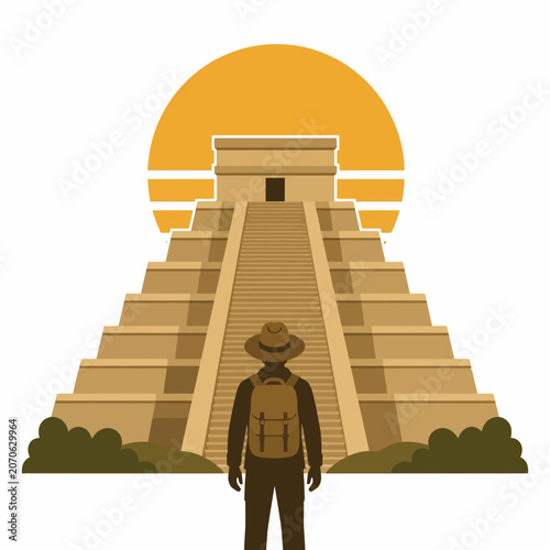Adventurer standing before ancient Mayan pyramid at sunset flat vector illustration.