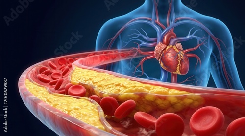 Diagram showing blood vessel congestion with yellow plaque and red blood cells.