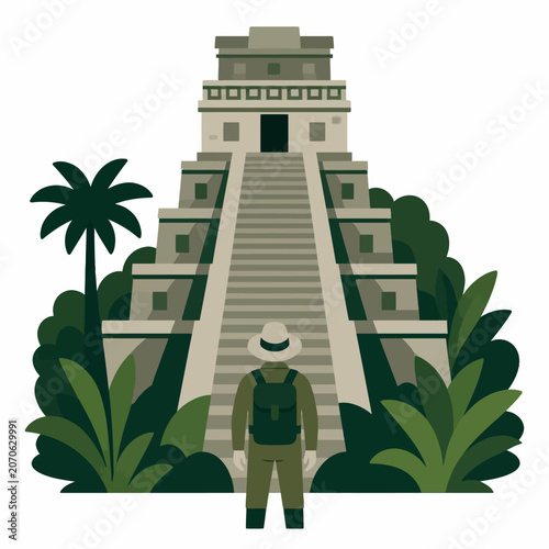 Adventurer standing before ancient Mayan pyramid temple in lush tropical jungle illustration.