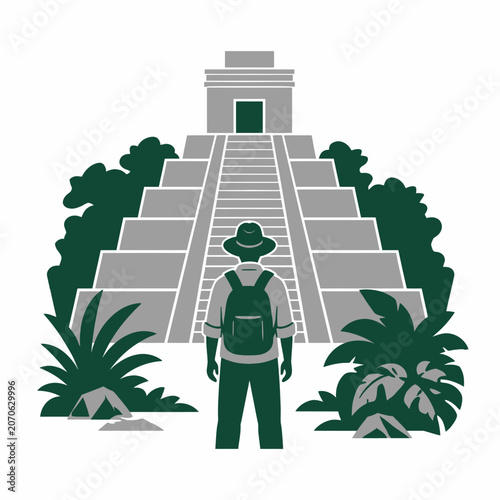 Adventurer standing before ancient Mayan pyramid temple in tropical jungle illustration.