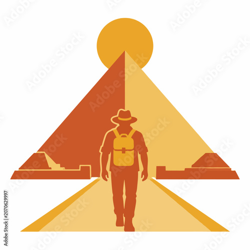 Adventurer silhouette walking toward ancient Egyptian pyramids under a hot desert sun illustration.