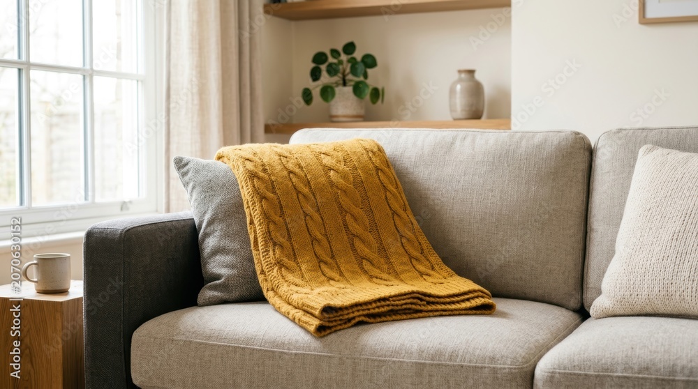 Fototapeta premium Cozy Living Room Sofa with Yellow Throw Blanket and Decorative Items.