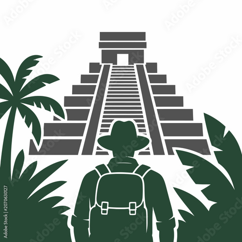 Adventurer with backpack looking at ancient Mayan pyramid in tropical jungle landscape illustration.