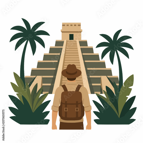 Adventurer with backpack looking at ancient Mayan pyramid in tropical jungle landscape.